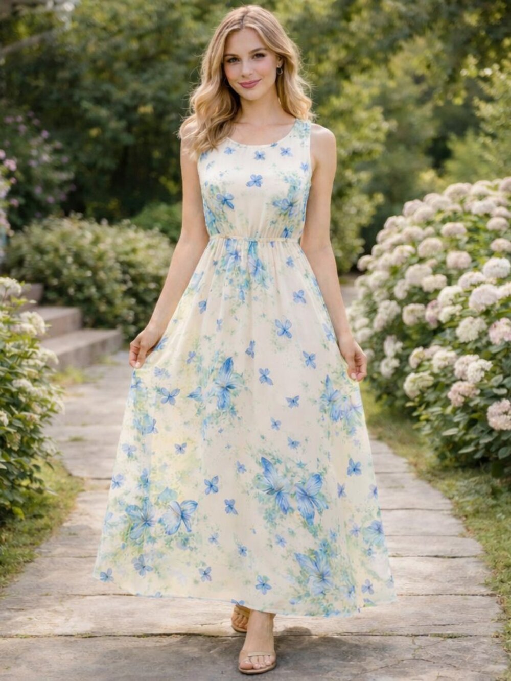 Floral Maxi Dress Sleeveless A Line Cottagecore Romantic Feminine Butterflies - Picture 5 of 5